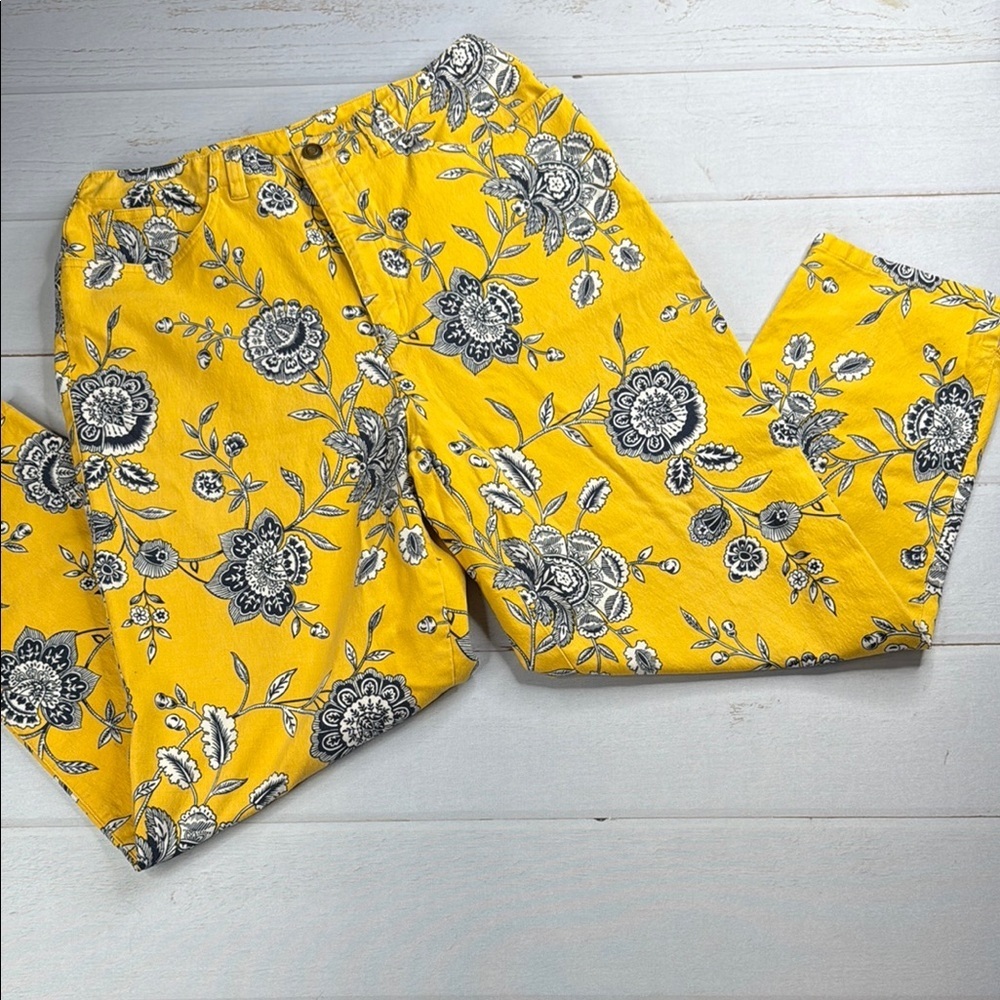 Talbots Floral Print Slim Leg Jeans Yellow High Waist Stretch Size 10